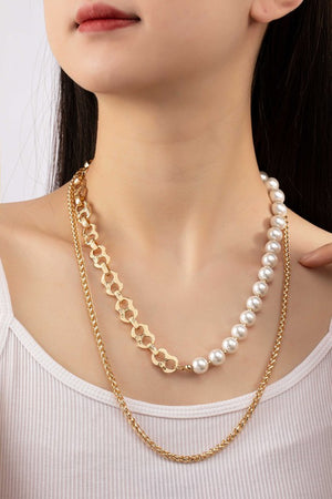 2 Row asymmetric pearl and chain necklace