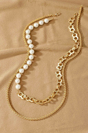 2 Row asymmetric pearl and chain necklace