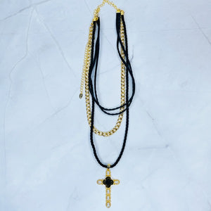 Layered Black Rose Cross Necklace