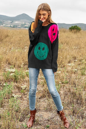Smile Printed Long Sleeve Loose Fir Knit Sweater