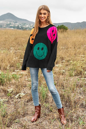 Smile Printed Long Sleeve Loose Fir Knit Sweater