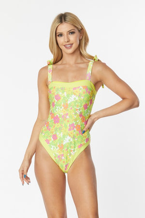 ONE PIECE BATHING SUIT FLORAL PRINT SHOULER TOP TI