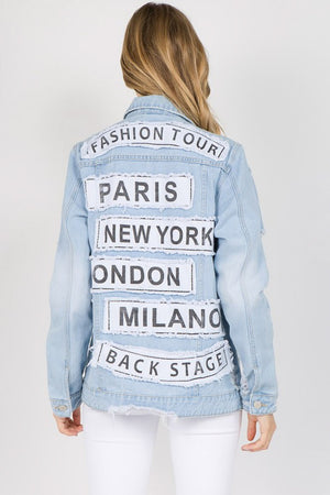 American Bazi Letter Patched Distressed Denim Jacket