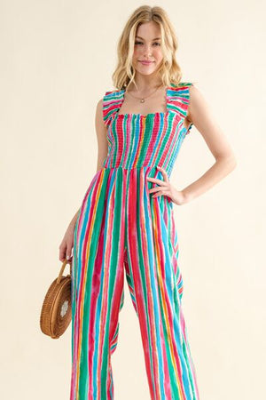 And The Why Full Size Striped Smocked Sleeveless Jumpsuit